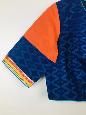 Ready to Wear Blouse - beautiful ikka blue and burnt orange with back embroidery