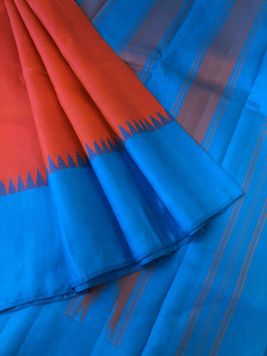 Korvai Vibes on authentic Kanchivaram - gorgeous burnt pink oosi stripes with copper sulphate blue borders pallu and blouse