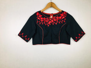 Ready to Wear Blouse - jet black with red neck front and back embroidery