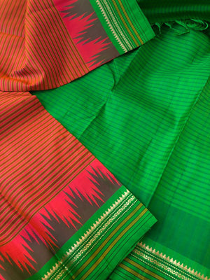 Korvai Vibes on authentic Kanchivaram - unusual rust lotus pink plantain stripes body and vintage borders and kottadi chex blouse