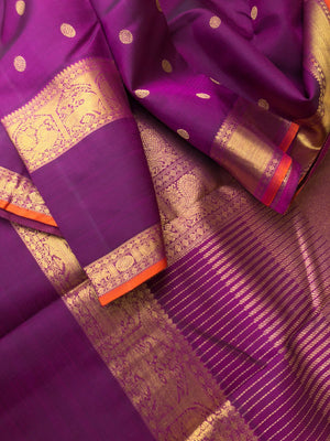 Swarnam - The lineage of Authentic Kanchivaram - the deepest purple and gold a gorgeous Kanchivaram with one side broad and other side short borders