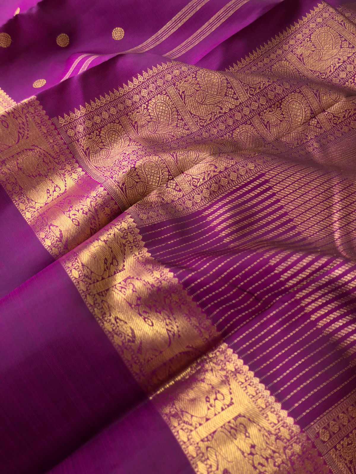 Swarnam - The lineage of Authentic Kanchivaram - the deepest purple and gold a gorgeous Kanchivaram with one side broad and other side short borders