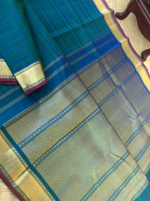 Yarn Play on Kanchivaram - stunning deep peacock blue green vintage style varusai pett with gold zari woven borders