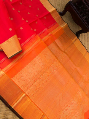 Kamakshi- Traditional Kanchivarams - traditional Kanchivaram red body and mustard short orange pallu and blouse with mat chex woven gold zari borders