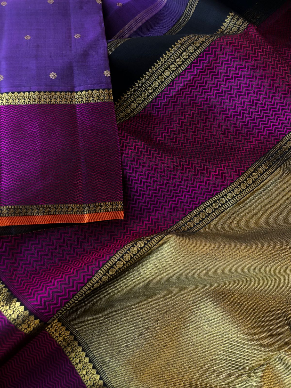 Shree - Bliss of Kanchivarams - deep metallic violet and majenta Kanchivaram with stunning woven silk thread and gold zari woven pallu