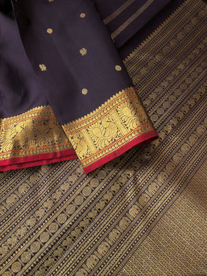 Radhe a album of rare find Kanchivaram - beautiful coal black with small annapakshi woven borders and tiny buttas woven body