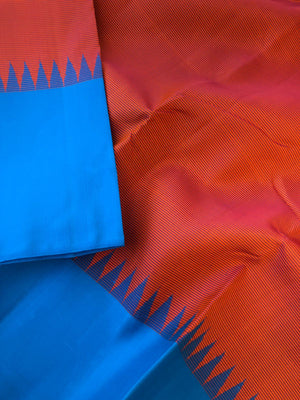 Korvai Vibes on authentic Kanchivaram - gorgeous burnt pink oosi stripes with copper sulphate blue borders pallu and blouse