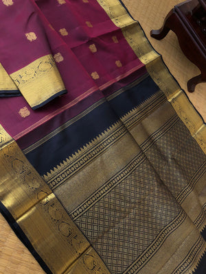 Meha Brilliant Kanchivarams - super gorgeous burgundy and black Kanchivaram