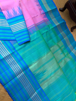 Korvai stories on authentic Kanchivaram - beautiful bubble gum pink and dual tone aqua blue green a stunner korvai Kanchivaram with silver and gold zari woven rain drops woven body