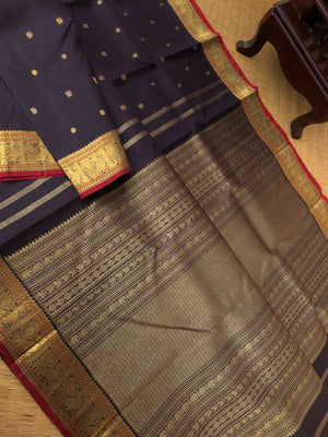 Radhe a album of rare find Kanchivaram - beautiful coal black with small annapakshi woven borders and tiny buttas woven body