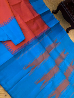 Korvai Vibes on authentic Kanchivaram - gorgeous burnt pink oosi stripes with copper sulphate blue borders pallu and blouse