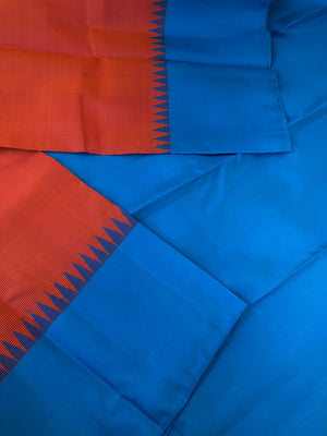 Korvai Vibes on authentic Kanchivaram - gorgeous burnt pink oosi stripes with copper sulphate blue borders pallu and blouse