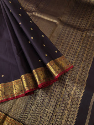 Radhe a album of rare find Kanchivaram - beautiful coal black with small annapakshi woven borders and tiny buttas woven body