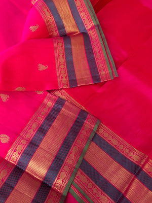 Kanchivaram - stunning red and rani pink mixed tone Kanchivaram with fish pett woven borders and paisley and pakshi buttas woven body