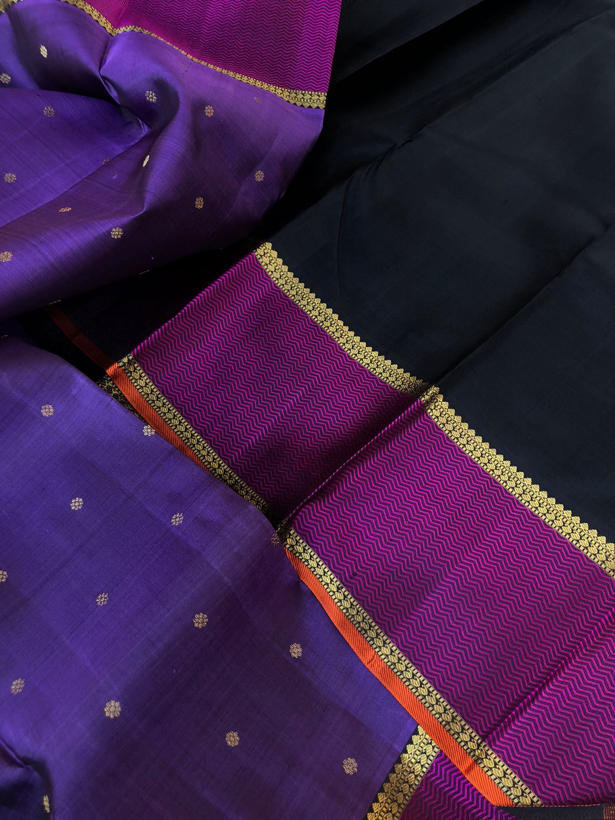Shree - Bliss of Kanchivarams - deep metallic violet and majenta Kanchivaram with stunning woven silk thread and gold zari woven pallu