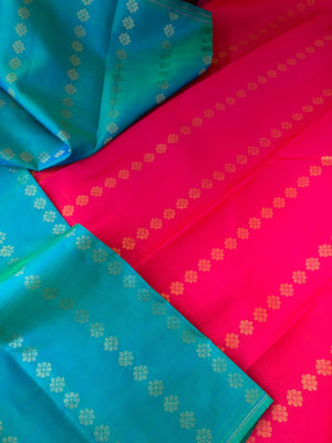 Mohaa borderless Kanchivarams - stunning full body kamalam buttas woven Borders Kanchivaram with rani pink gold zari pallu and buttas woven blouse