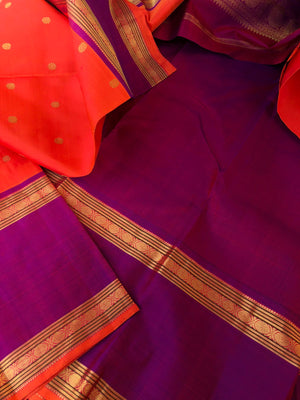 Kamakshi- Traditional Kanchivarams - the best of orange and purple broad borders Kanchivaram with stunning gold zari woven pallu