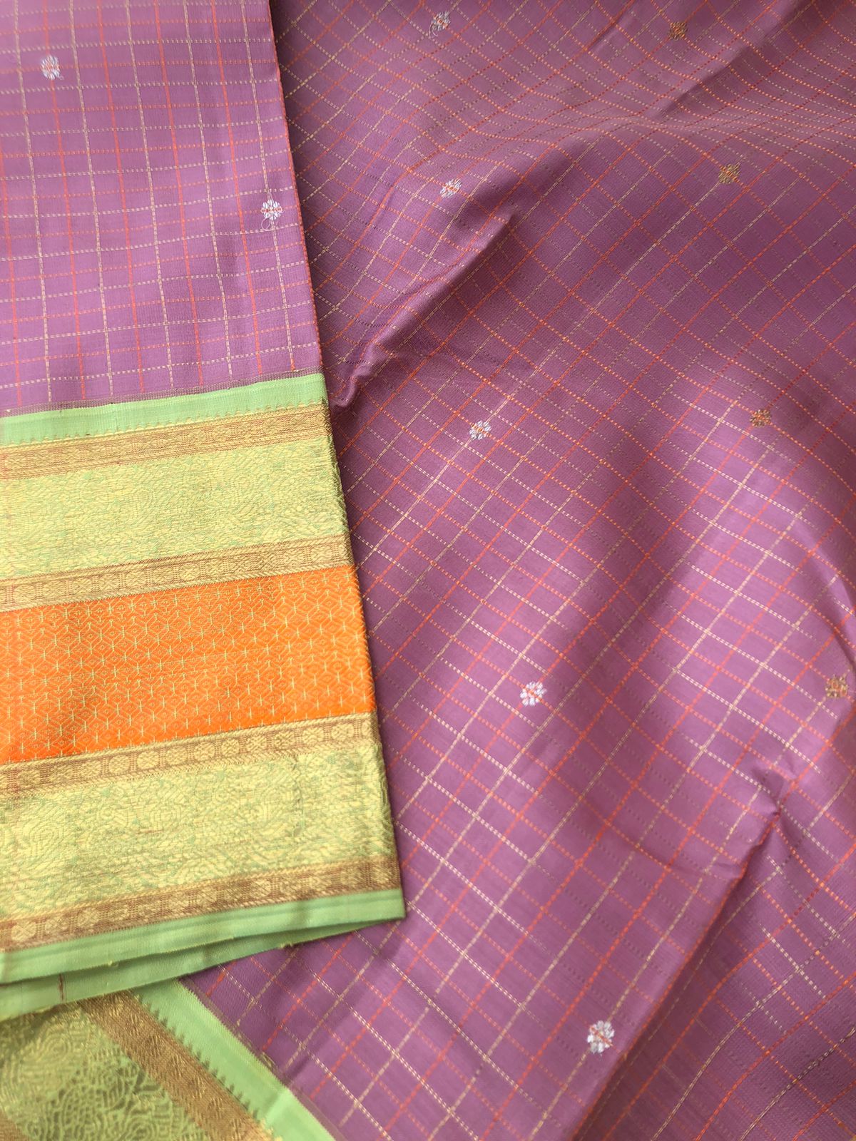 Hamsa - Limited Edition Kanchivarams - unusual dust pink and pista green korvai Kanchivaram with tiny intricate woven chex with silver and gold zari woven buttas