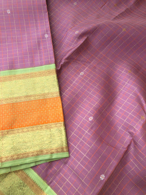 Hamsa - Limited Edition Kanchivarams - unusual dust pink and pista green korvai Kanchivaram with tiny intricate woven chex with silver and gold zari woven buttas