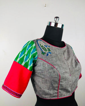 Ready to wear blouses - beautiful grey green pink cotton ikkat blouse