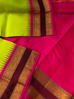 Mohaa- No Zari Kanchivarams - bright green mixed yellow and pink with vintage style thread woven yali retta pett borders