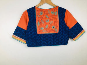 Ready to Wear Blouse - beautiful ikka blue and burnt orange with back embroidery