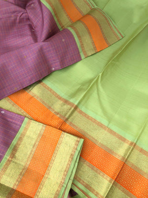 Hamsa - Limited Edition Kanchivarams - unusual dust pink and pista green korvai Kanchivaram with tiny intricate woven chex with silver and gold zari woven buttas