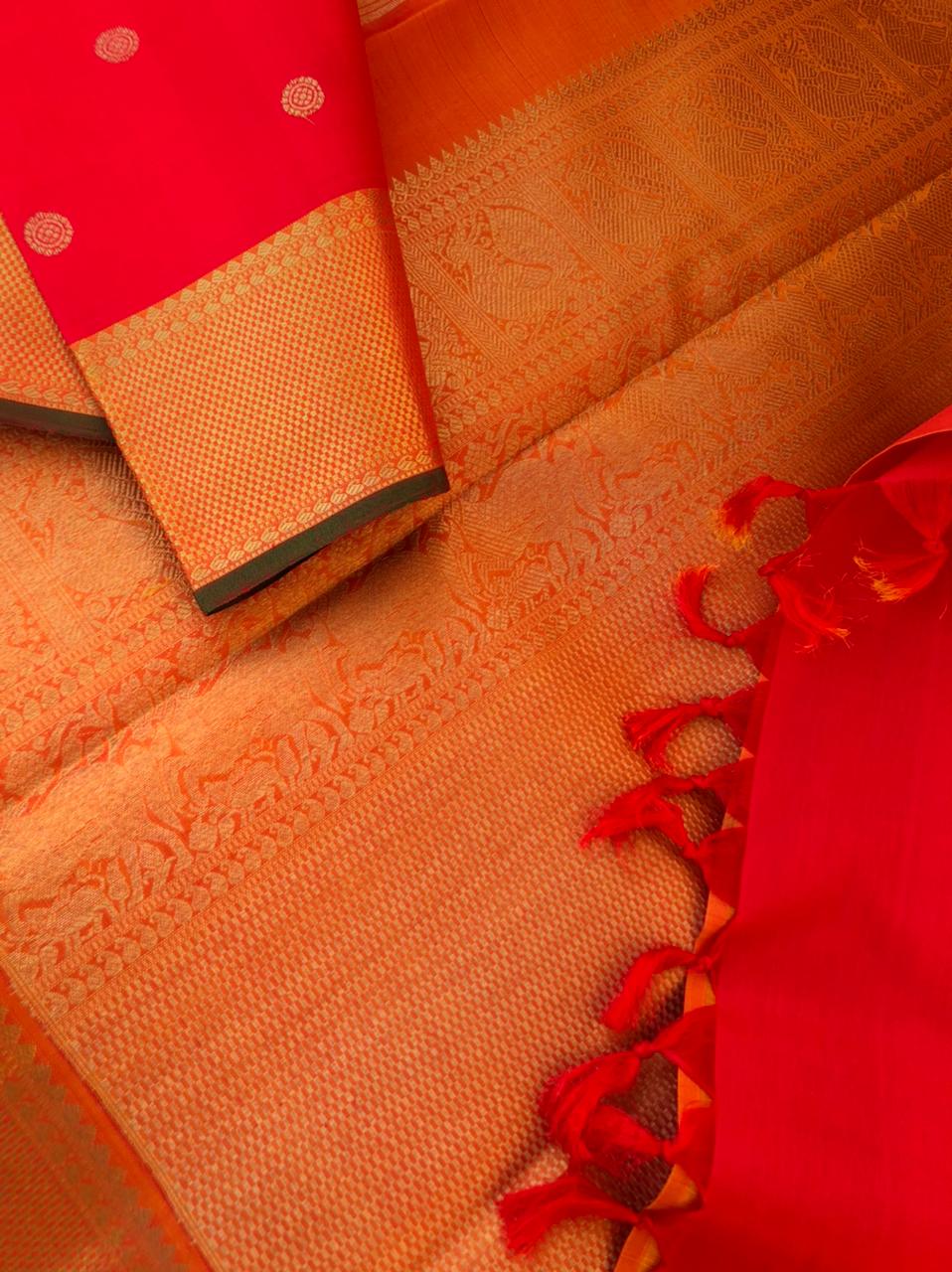 Kamakshi- Traditional Kanchivarams - traditional Kanchivaram red body and mustard short orange pallu and blouse with mat chex woven gold zari borders