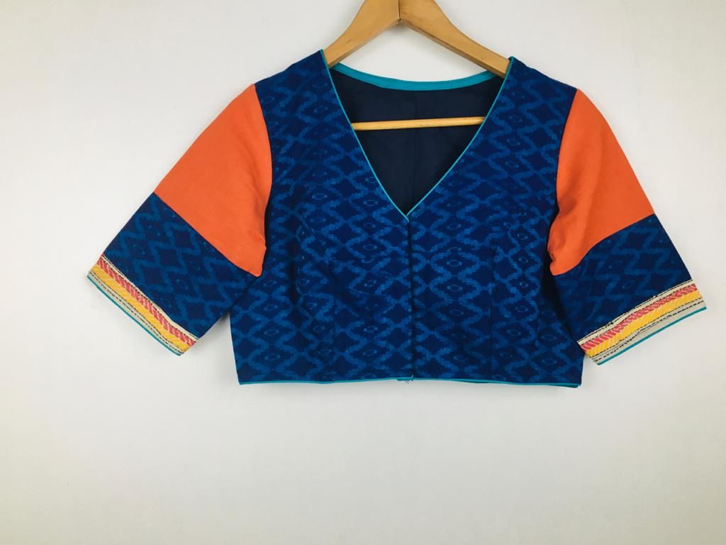 Ready to Wear Blouse - beautiful ikka blue and burnt orange with back embroidery