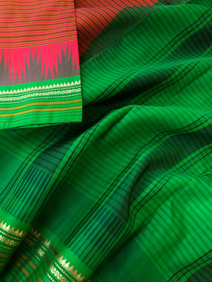 Korvai Vibes on authentic Kanchivaram - unusual rust lotus pink plantain stripes body and vintage borders and kottadi chex blouse