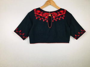 Ready to Wear Blouse - jet black with red neck front and back embroidery