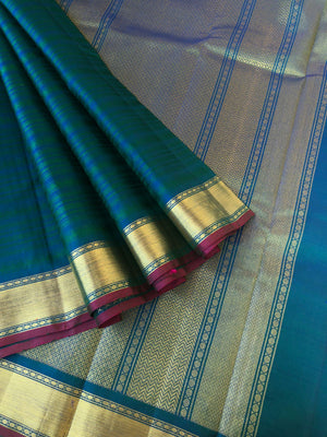 Yarn Play on Kanchivaram - stunning deep peacock blue green vintage style varusai pett with gold zari woven borders