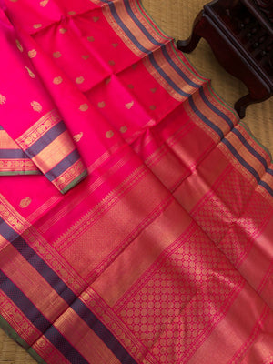 Kanchivaram - stunning red and rani pink mixed tone Kanchivaram with fish pett woven borders and paisley and pakshi buttas woven body