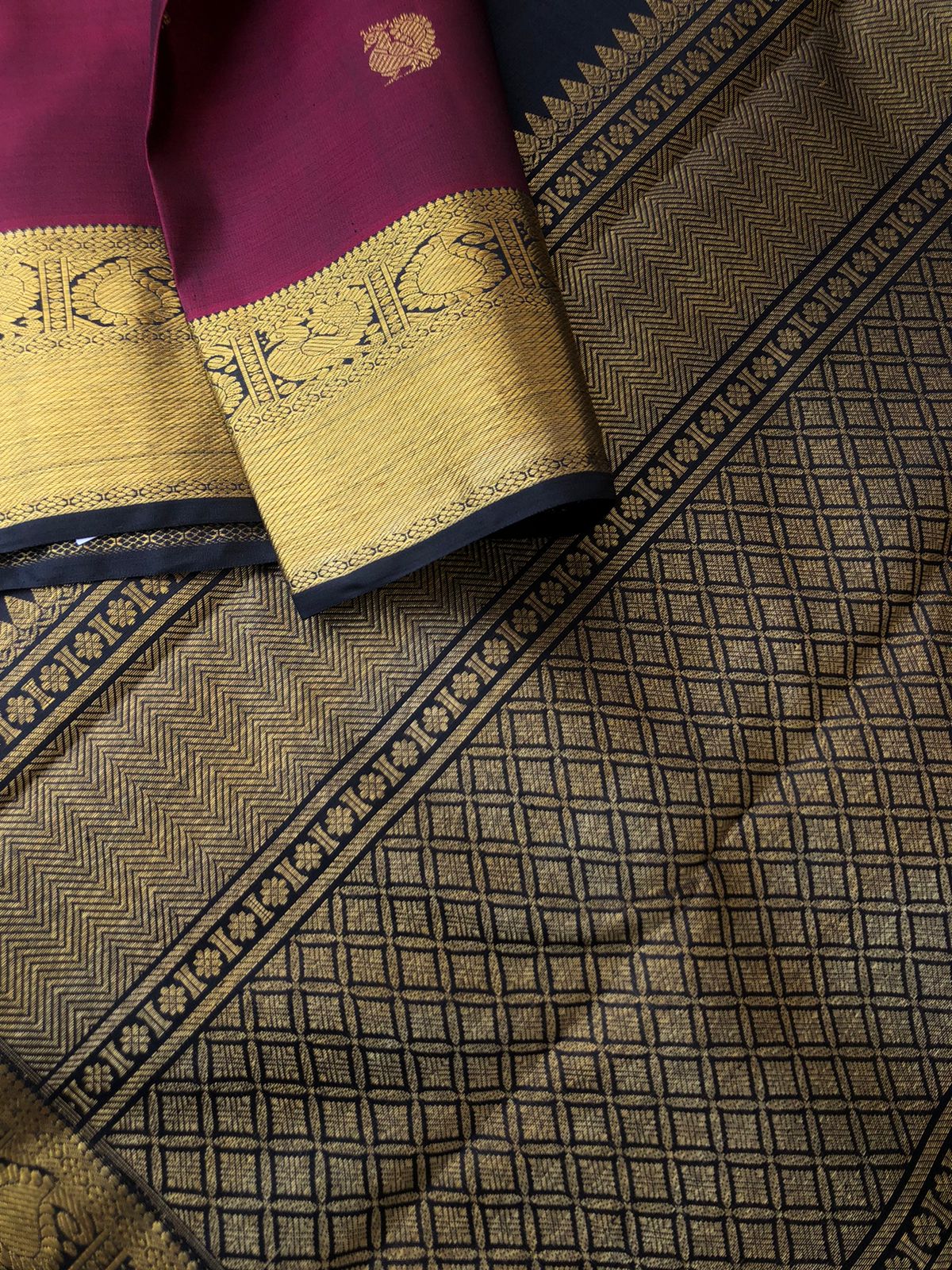 Meha Brilliant Kanchivarams - super gorgeous burgundy and black Kanchivaram