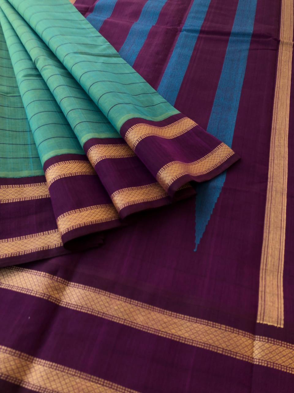 Korvai on pure cotton - A beautiful korvai retta pett Mayil kann borders woven in finest handwoven cotton