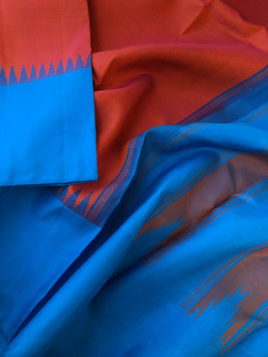 Korvai Vibes on authentic Kanchivaram - gorgeous burnt pink oosi stripes with copper sulphate blue borders pallu and blouse