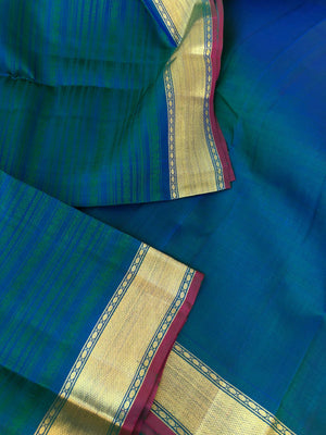 Yarn Play on Kanchivaram - stunning deep peacock blue green vintage style varusai pett with gold zari woven borders