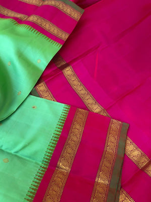 Vintage Moods on Kanchivaram - the stunning aqua green and rani pink korvai rett pett Kanchivaram