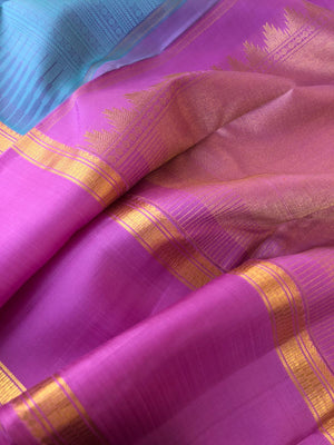 Yarn play on Kanchivaram - stunning dual tone turquoise blue and rose pink varusai pett is the best