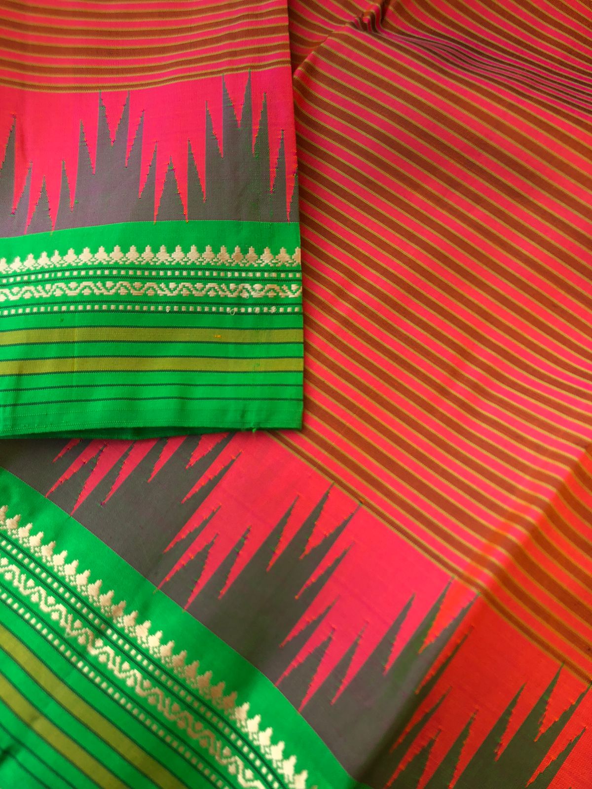 Korvai Vibes on authentic Kanchivaram - unusual rust lotus pink plantain stripes body and vintage borders and kottadi chex blouse