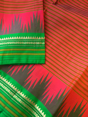 Korvai Vibes on authentic Kanchivaram - unusual rust lotus pink plantain stripes body and vintage borders and kottadi chex blouse