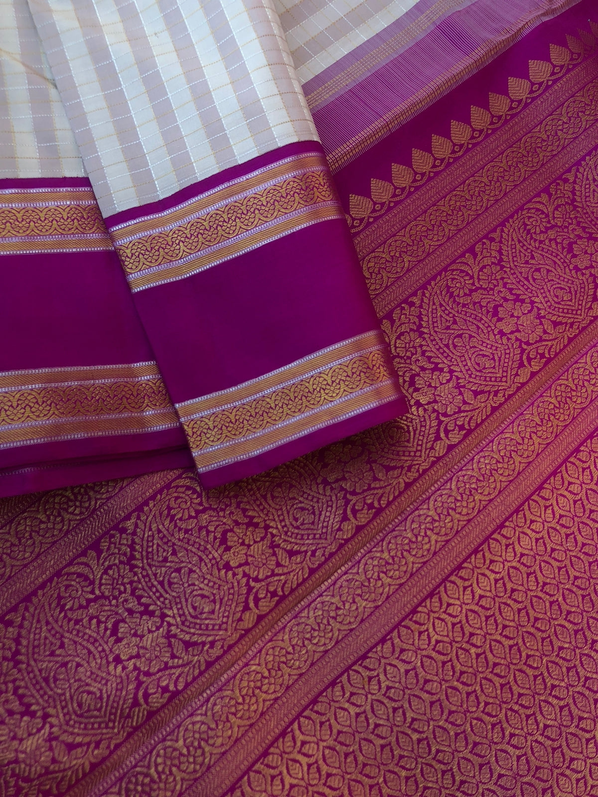 Pastel Play on Korvai Kanchivaram -  pastel off white and beige chex with majenta retta pett woven borders