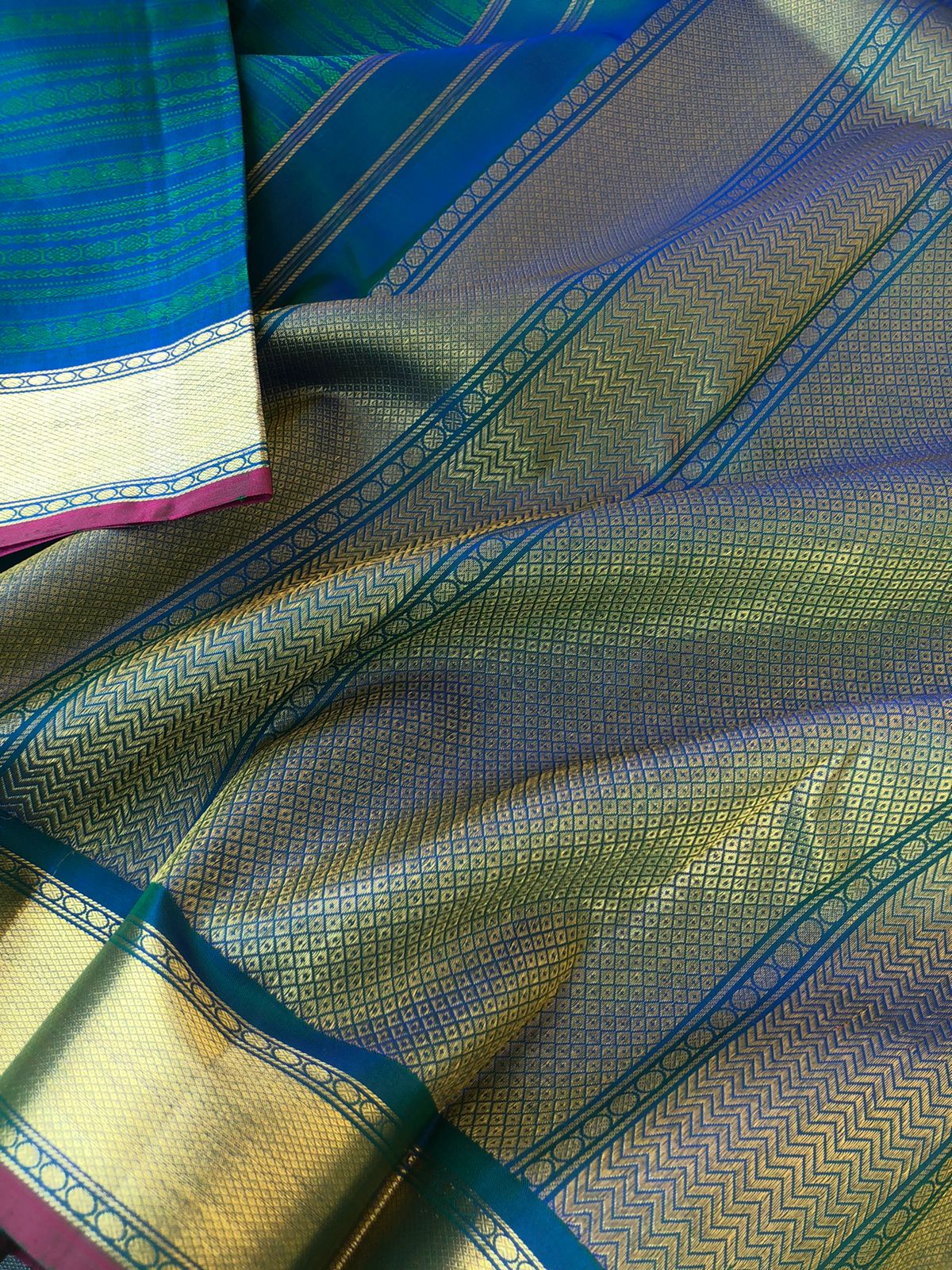 Yarn Play on Kanchivaram - stunning deep peacock blue green vintage style varusai pett with gold zari woven borders