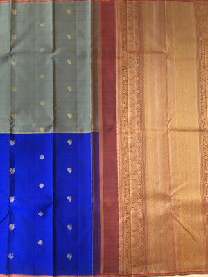 Shree - Bliss of Kanchivarams - Stunning aarai bagam ( Half Part ) Kanchivaram with mayil chackaram woven buttas ( top half in beige grey, bottom half in ink blue ) pallu and blouse in caramel brown