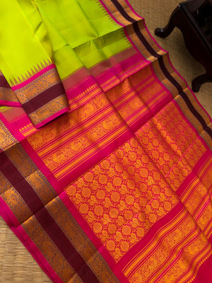 Mohaa- No Zari Kanchivarams - bright green mixed yellow and pink with vintage style thread woven yali retta pett borders