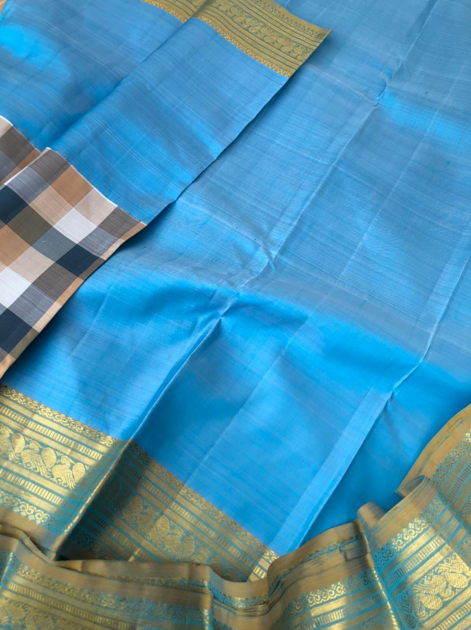 Vintage Moods on Kanchivaram - the most contemporary beauty of unusual beige cream grey chocolate chex body with sky blue korvai broad borders and pallu